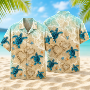 Blue Sea Turtle Hawaiian Shirt for Men & Women, Beach Heart Sand Aloha Shirt