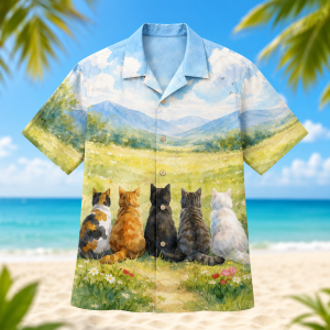 Alternative view of Five Cats Hawaiian Shirt for Men & Women, Mountain Meadow Aloha Shirt