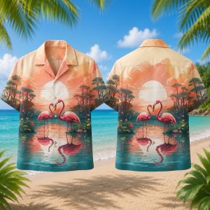 Flamingo Love Hawaiian Shirt for Men & Women, Sunset Tropical Aloha Shirt