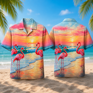 Flamingo Sunset Hawaiian Shirt for Men & Women, Tropical Beach Ocean Aloha Shirt