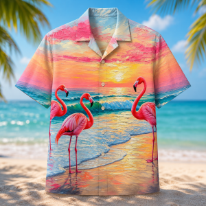 Alternative view of Flamingo Sunset Hawaiian Shirt for Men & Women, Tropical Beach Ocean Aloha Shirt