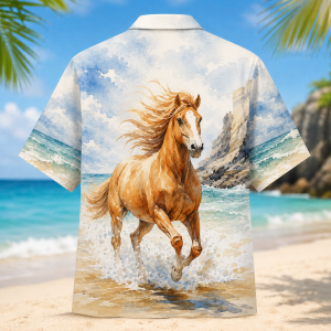 Alternative view of Galloping Horse Hawaiian Shirt for Men & Women, Beach Ocean Wave Aloha Shirt
