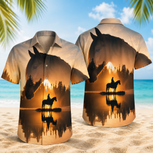 Horse Sunset Hawaiian Shirt for Men & Women, Cowboy Riding Horse Aloha Shirt