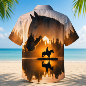 Alternative view of Horse Sunset Hawaiian Shirt for Men & Women, Cowboy Riding Horse Aloha Shirt