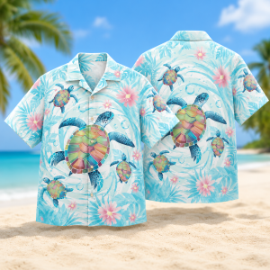 Pastel Sea Turtle Hawaiian Shirt for Men & Women, Tropical Floral Ocean Aloha Shirt