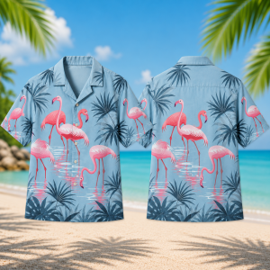 Tropical Flamingo Hawaiian Shirt for Men & Women, Palm Tree Aloha Shirt