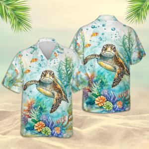 Sea Turtle Hawaiian Shirt for Men & Women, Tropical Ocean Coral Reef Button Up Aloha Shirt