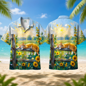 Sleeping Orange Cat Hawaiian Shirt for Men & Women, Sunflower Fence Aloha Shirt