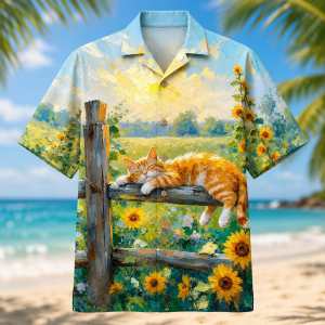 Alternative view of Sleeping Orange Cat Hawaiian Shirt for Men & Women, Sunflower Fence Aloha Shirt