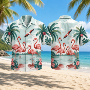 Pink Flamingo Hawaiian Shirt for Men & Women, Tropical Palm Leaf Aloha Shirt