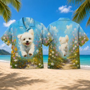 White Puppy Hawaiian Shirt for Men & Women, Cute Dog Summer Beach Button Up Shirt