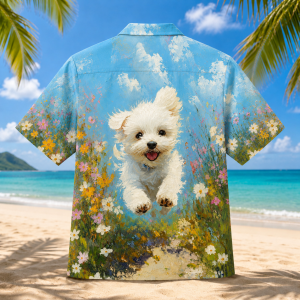 Alternative view of White Puppy Hawaiian Shirt for Men & Women, Cute Dog Summer Beach Button Up Shirt