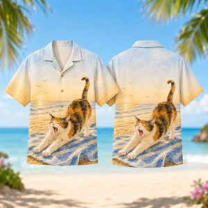 Yawning Calico Cat Hawaiian Shirt for Men & Women, Beach Towel Aloha Shirt