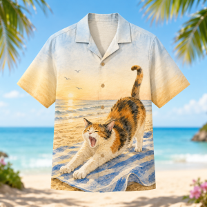 Alternative view of Yawning Calico Cat Hawaiian Shirt for Men & Women, Beach Towel Aloha Shirt